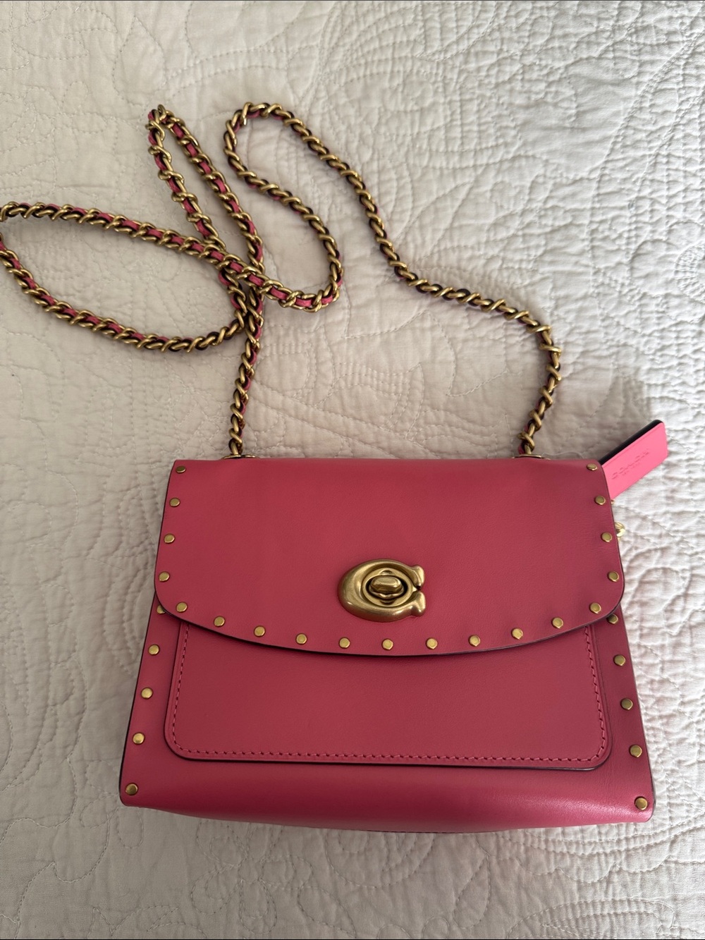 COACH SMALL Pink Leather Crossbody Bag with Gold Chain & Studs